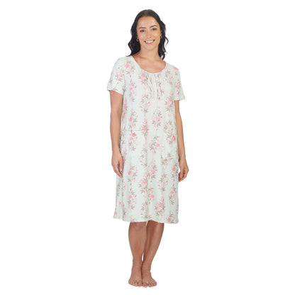 Women's Mid Calf Night Gown With Short Slit Sleeves White Floral